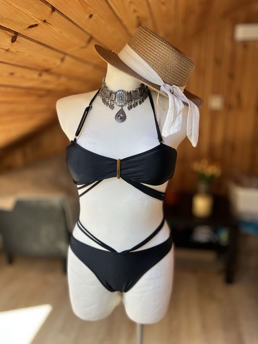 Nowy Strój kąpielowy czarny bikini dwuczęściowe paski M 38 złota