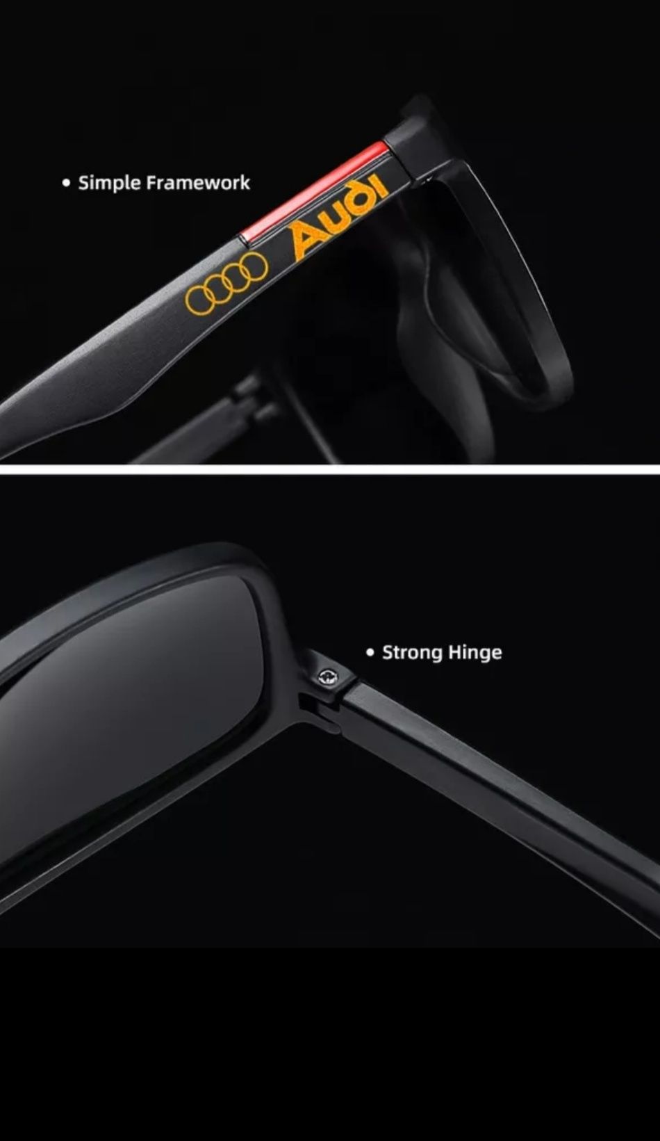 Óculos de sol logotipo Audi, box e pano de limpeza