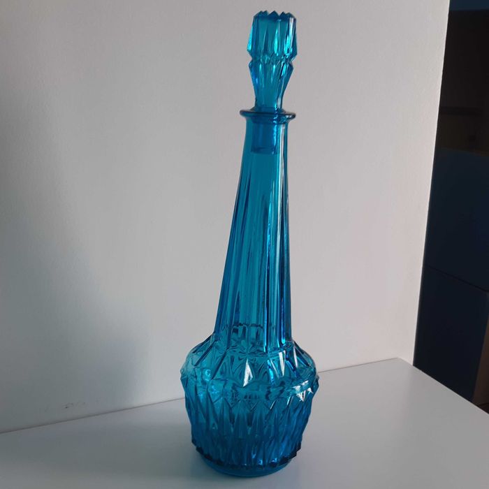 Retro Vintage Antiga Garrafa Vidro Azul Art Deco Marinha Grande