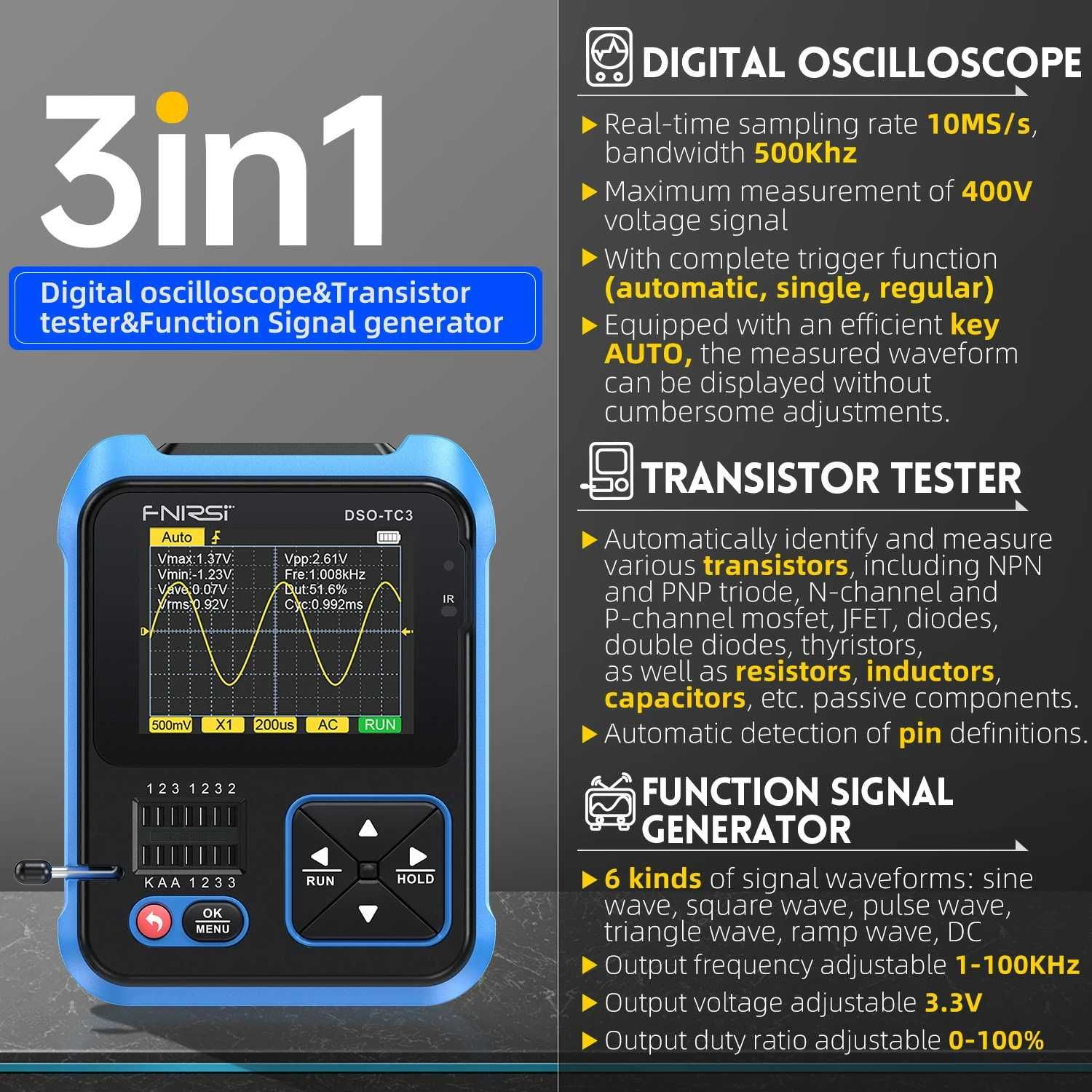 FNIRSI DSO TC2 TC3 осциллограф + генератор + ESR мультитестер, рус.инc