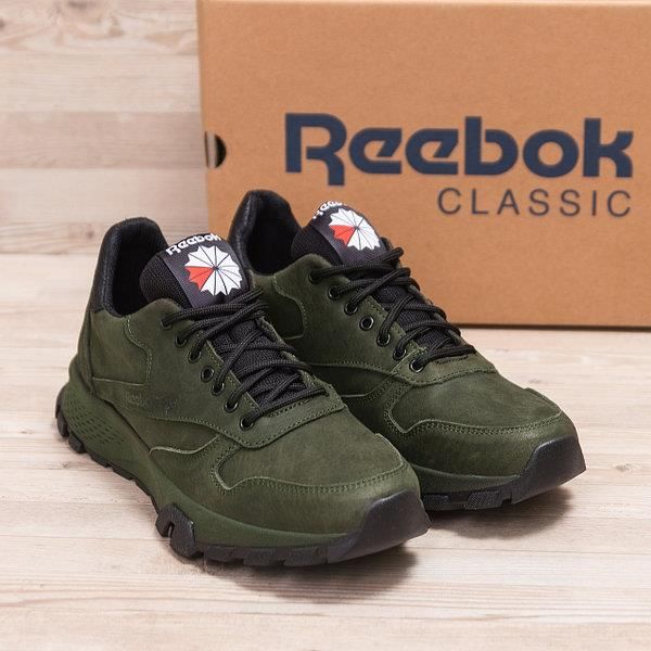 Стильные мужские кроссовки Reebok зеленые, кожаные кроссы