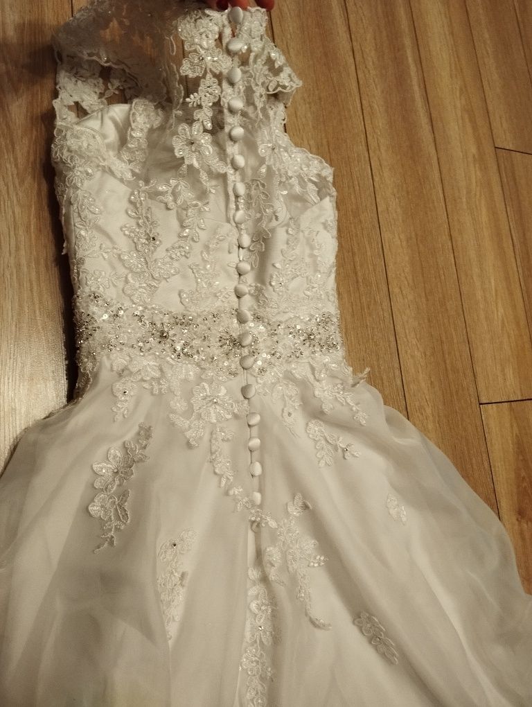 Suknia ślubna cudo koronka brokatowa rozkloszowana XS
