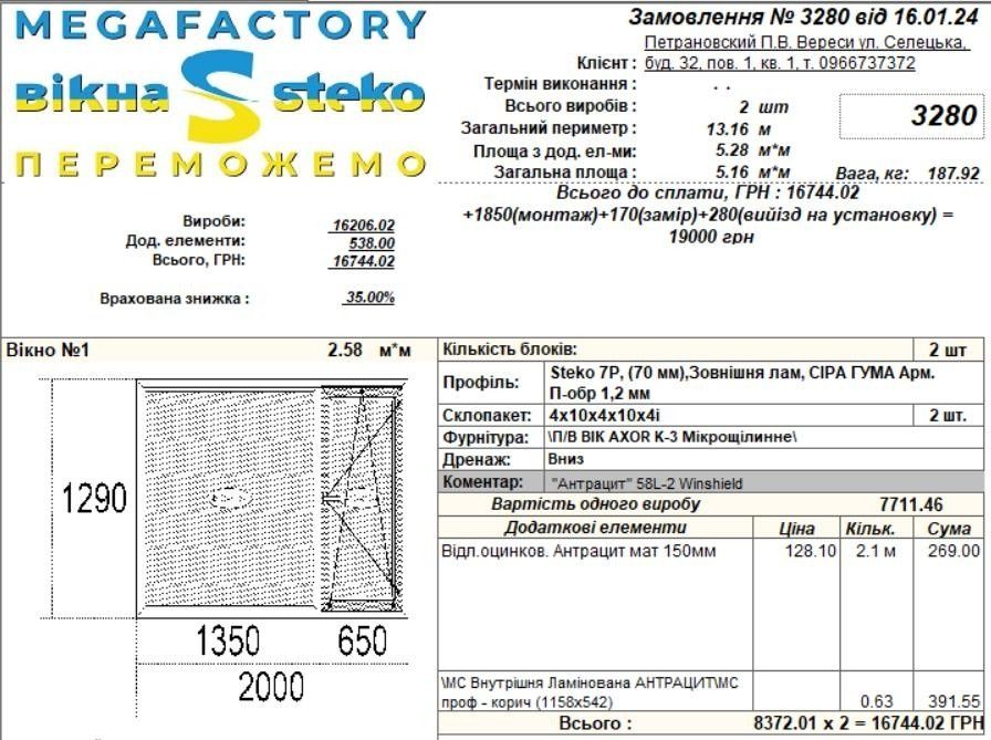 Металопластикове вікно двокамерне  2000 * 1290