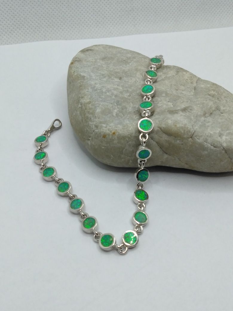 Srebrna bransoletka z zielonymi  kamieniami, srebro 925
