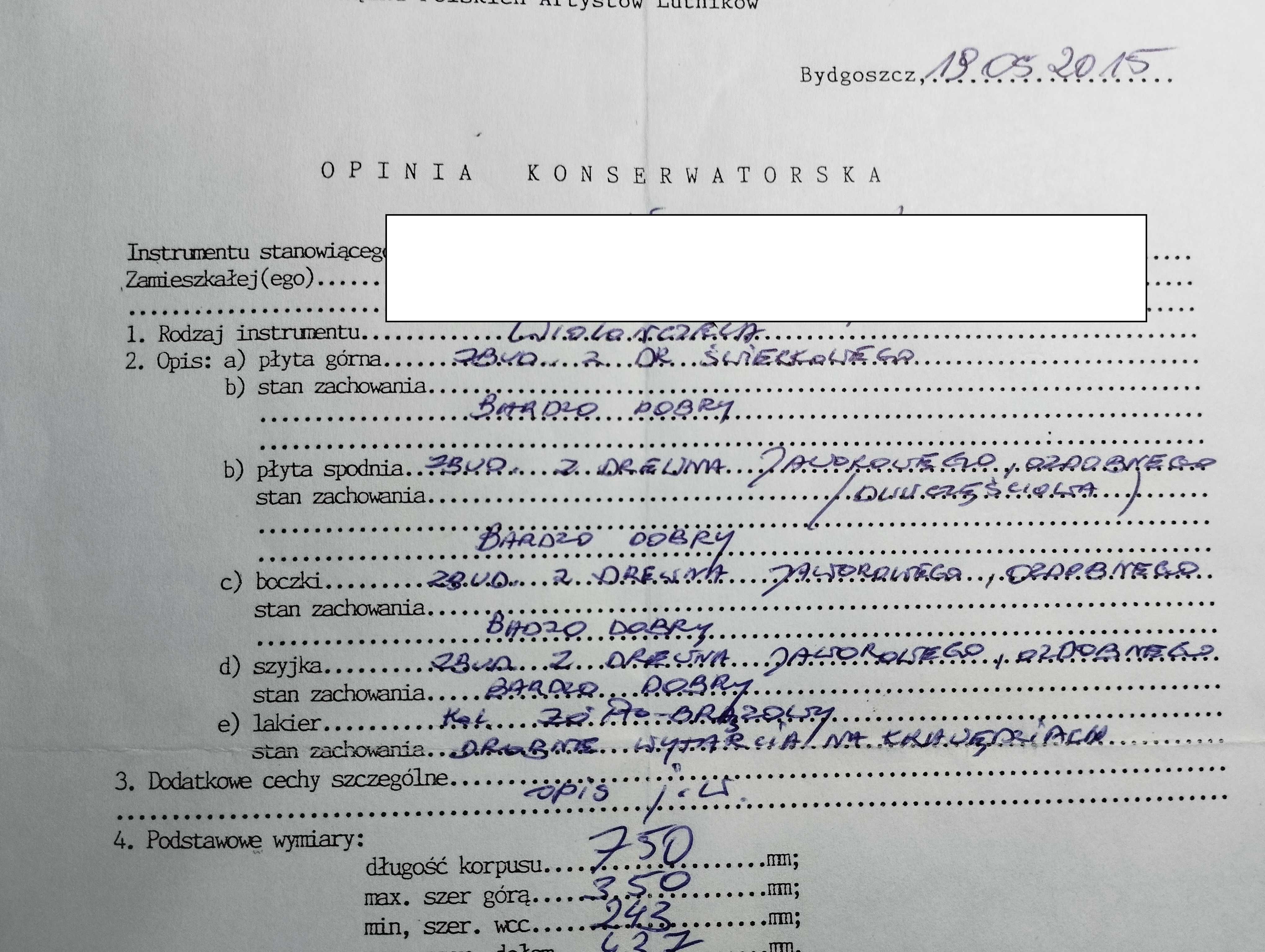 WIOLONCZELA 4/4 niemiecka manufaktura, opinia konserwatorska