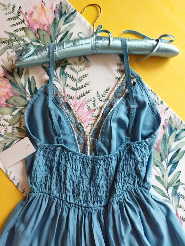 Sukienka letnia midi BOHO ozdobny dekolt kolor morski S M L