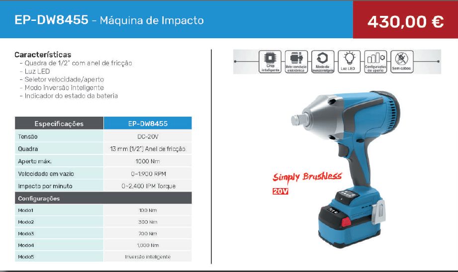 Maquina de Impacto 1/2" a Bateria 1000NM - EP-DW8455