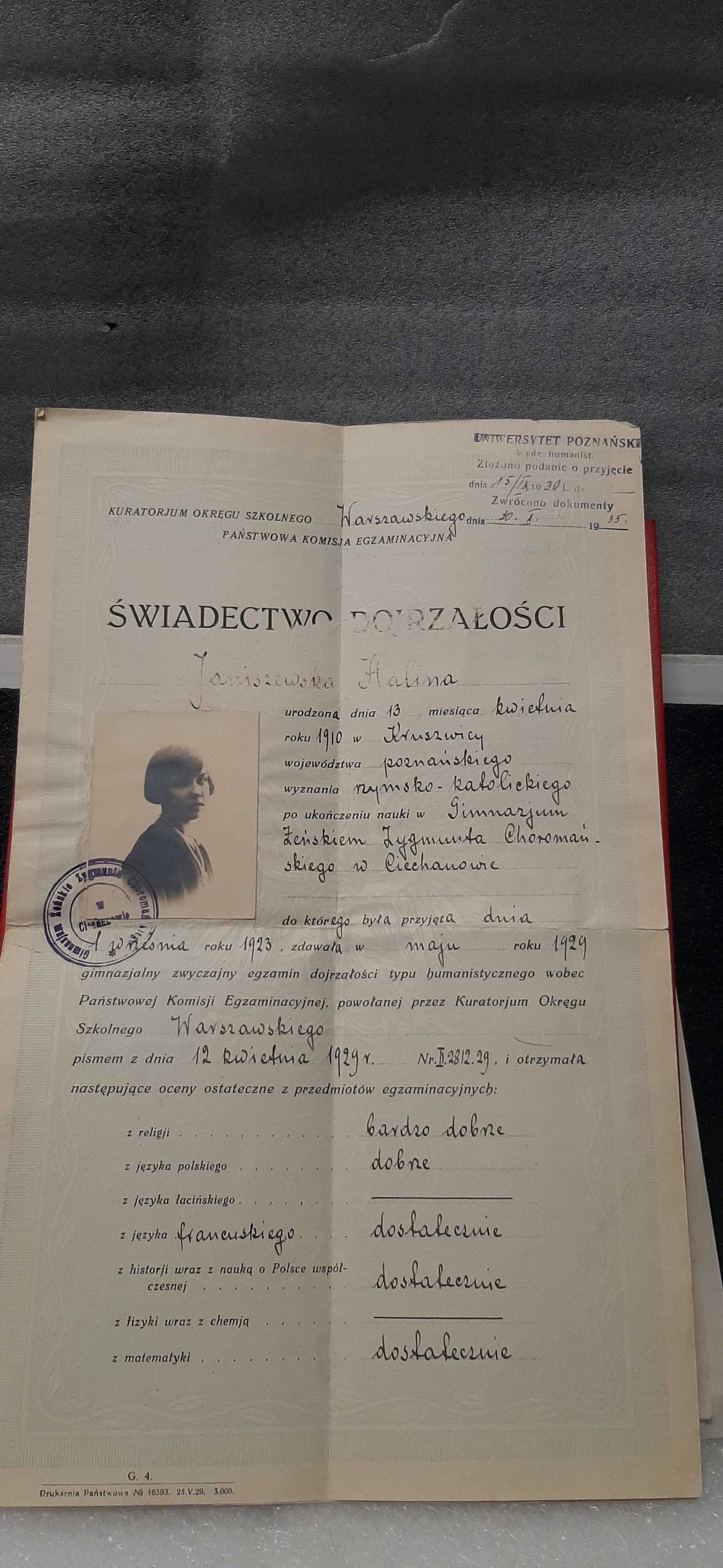 Świadectwo dojrzałości  1929r Ciechanów