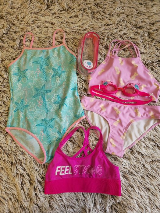 2 stroje kąpielowe + okulary+ top r134/140cm
