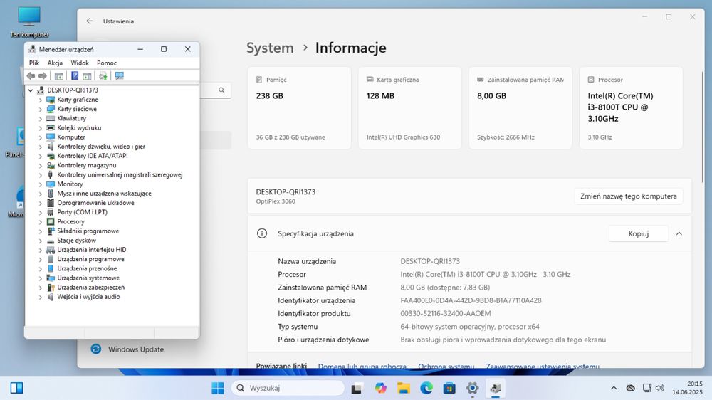 Dell OptiPlex 3060 Micro i3-8100T 8/256GB Windows 11 zasilacz