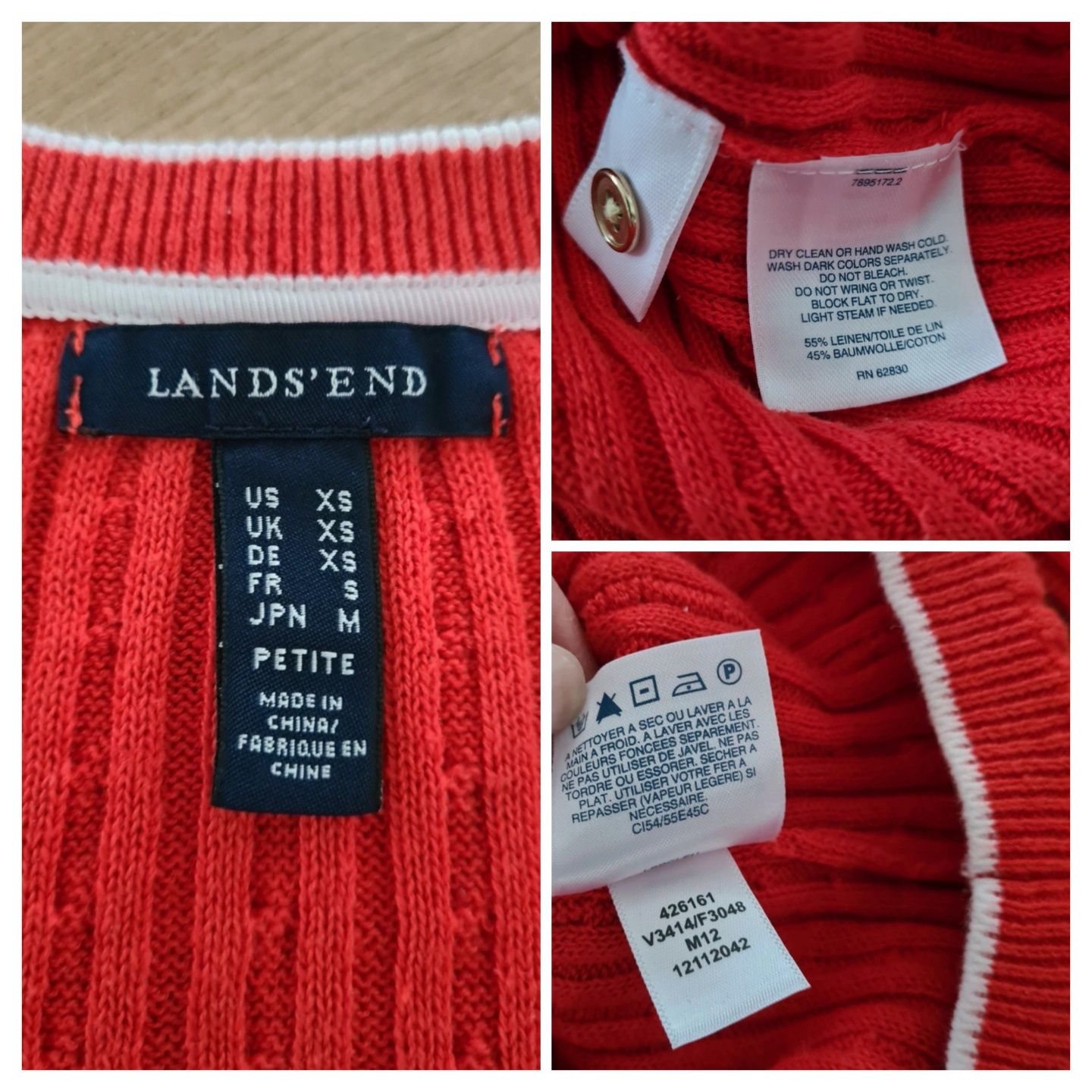 Sweter czerwony 55% Len i 45% Cotton. Warkoczowy wzór. Rozmiar XS / S