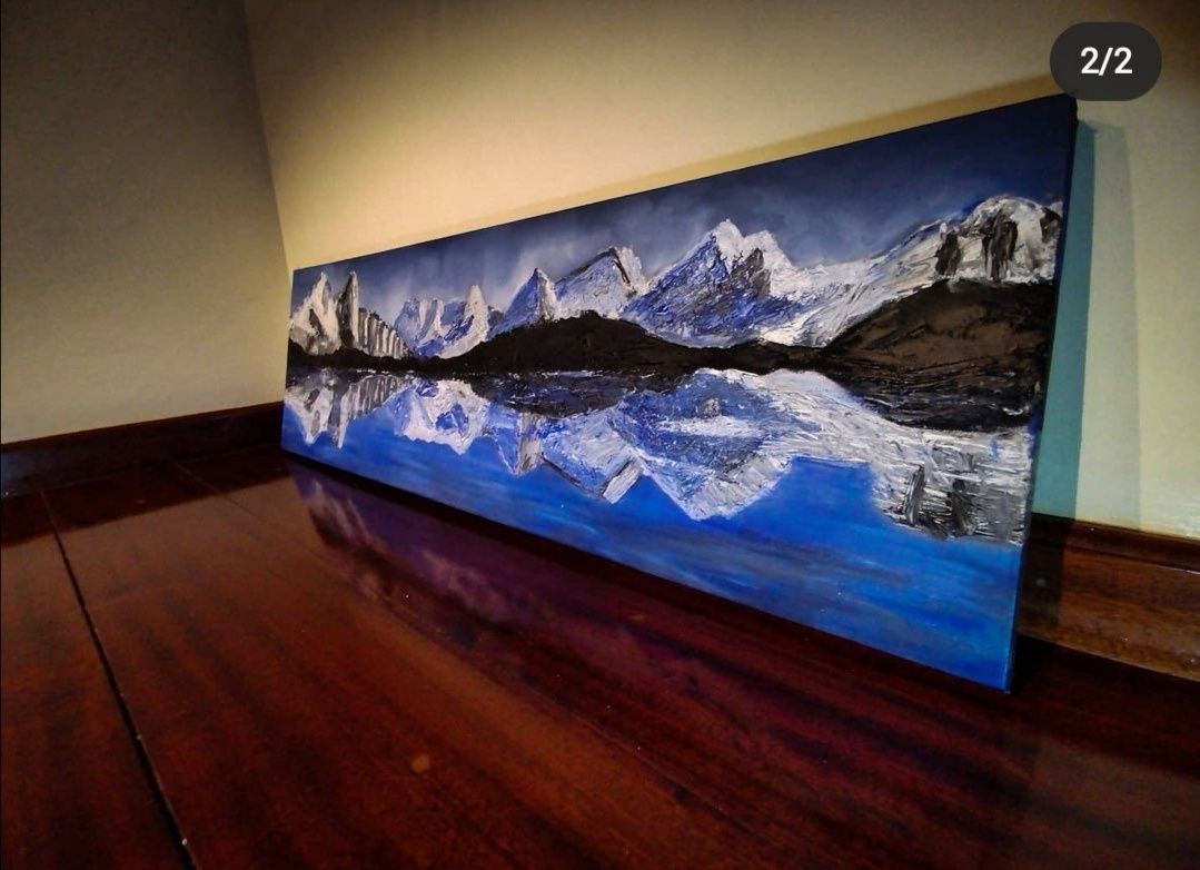Quadro óleo pintura montanhas reflexo no lago