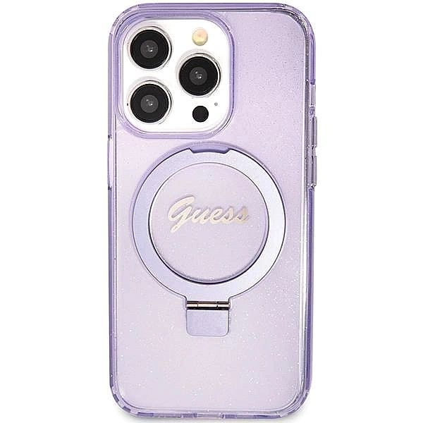Etui Guess Ring Stand Script Glitter MagSafe na iPhone 15 Pro - fiolet