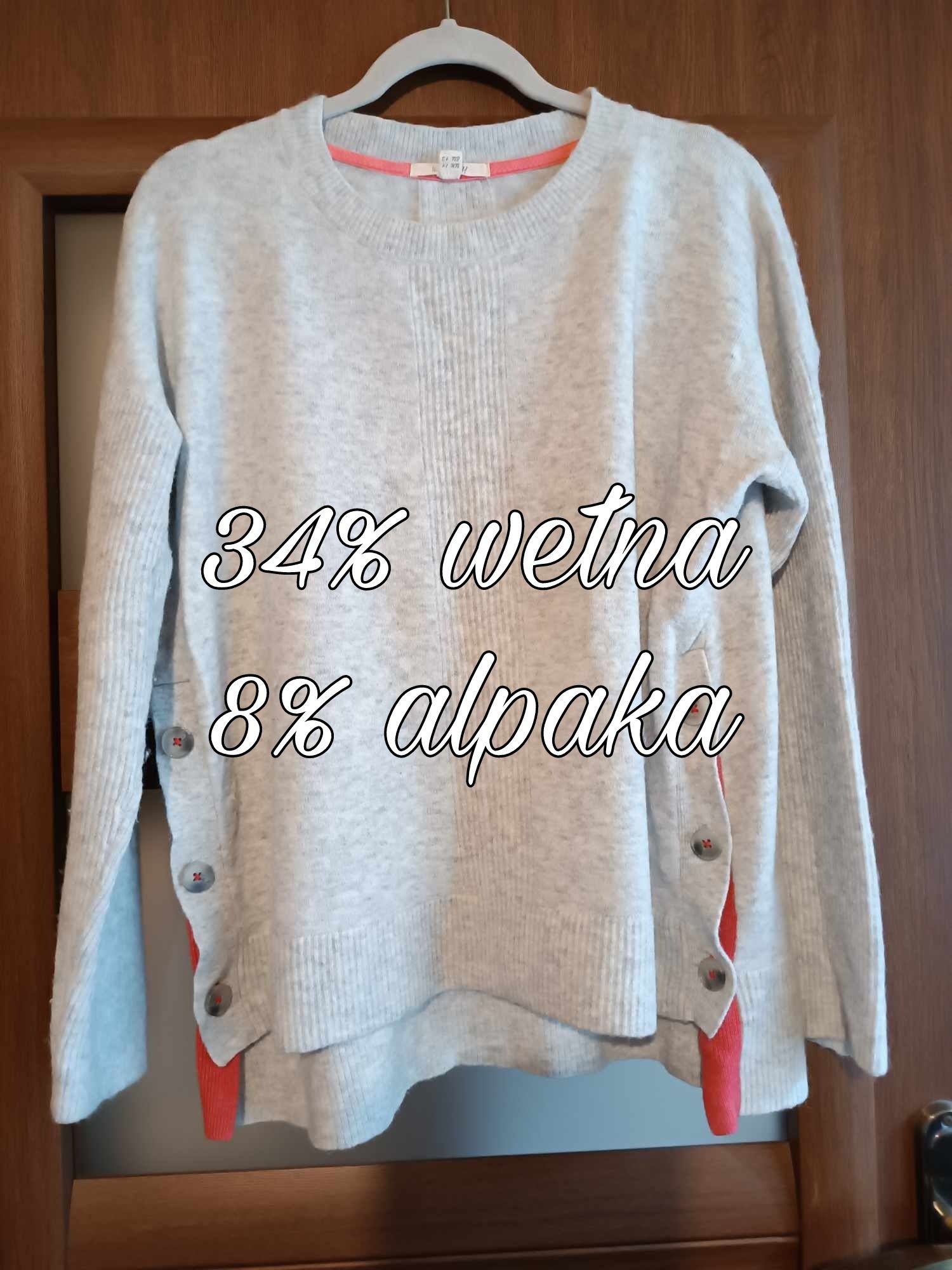 Sweter rozcinany z guzikami wełna wełniany alpaka wiskoza szary XL XXL