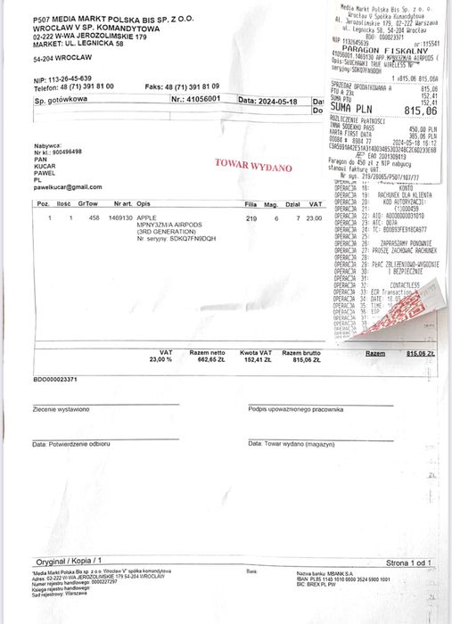 Air Pods 3 2024 na gwarancji dowod zakupu