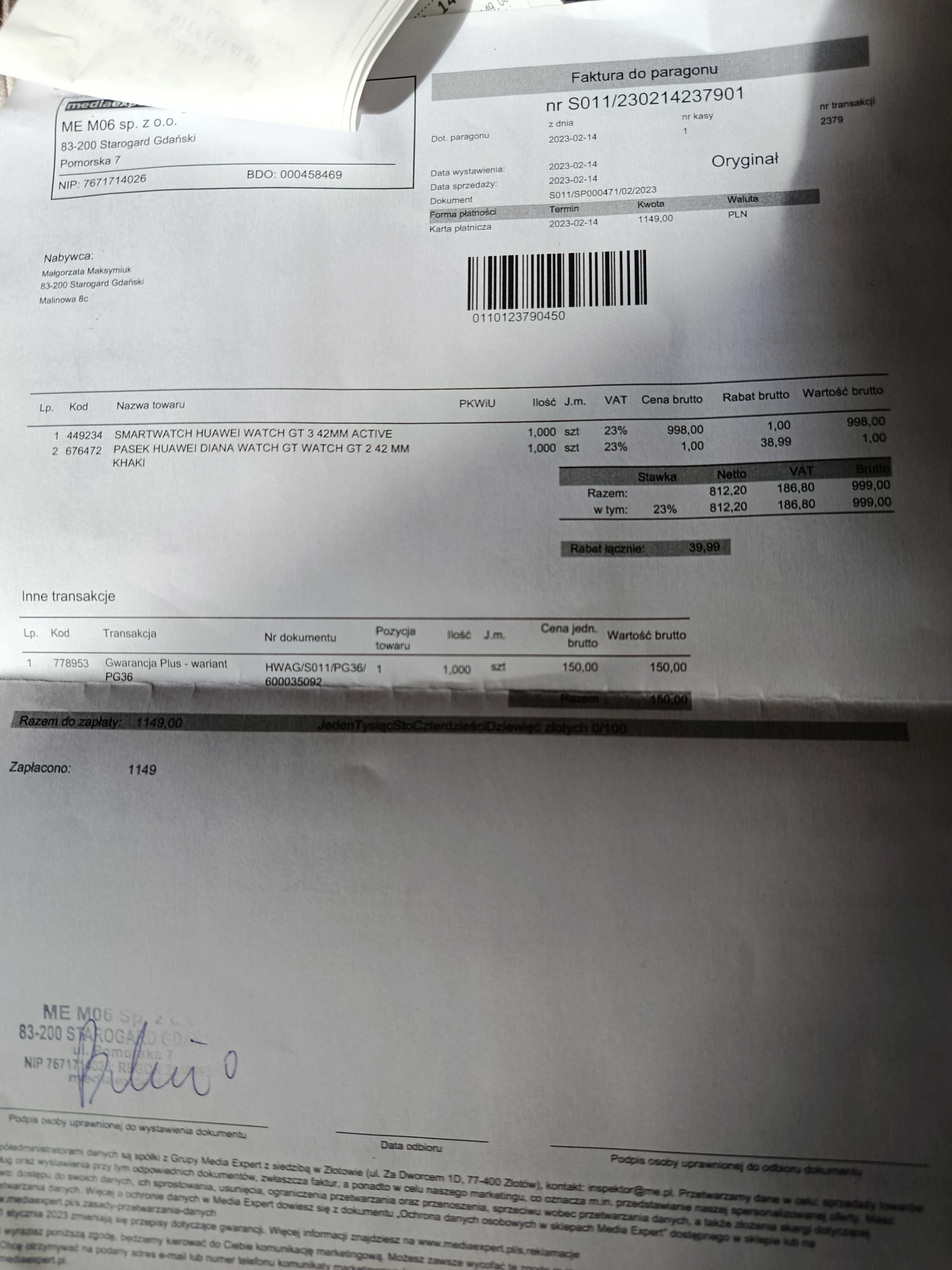 Zegarek Huawei Watch GT-3 (GT 3-499) z roczną gwarancją i nową opaską.