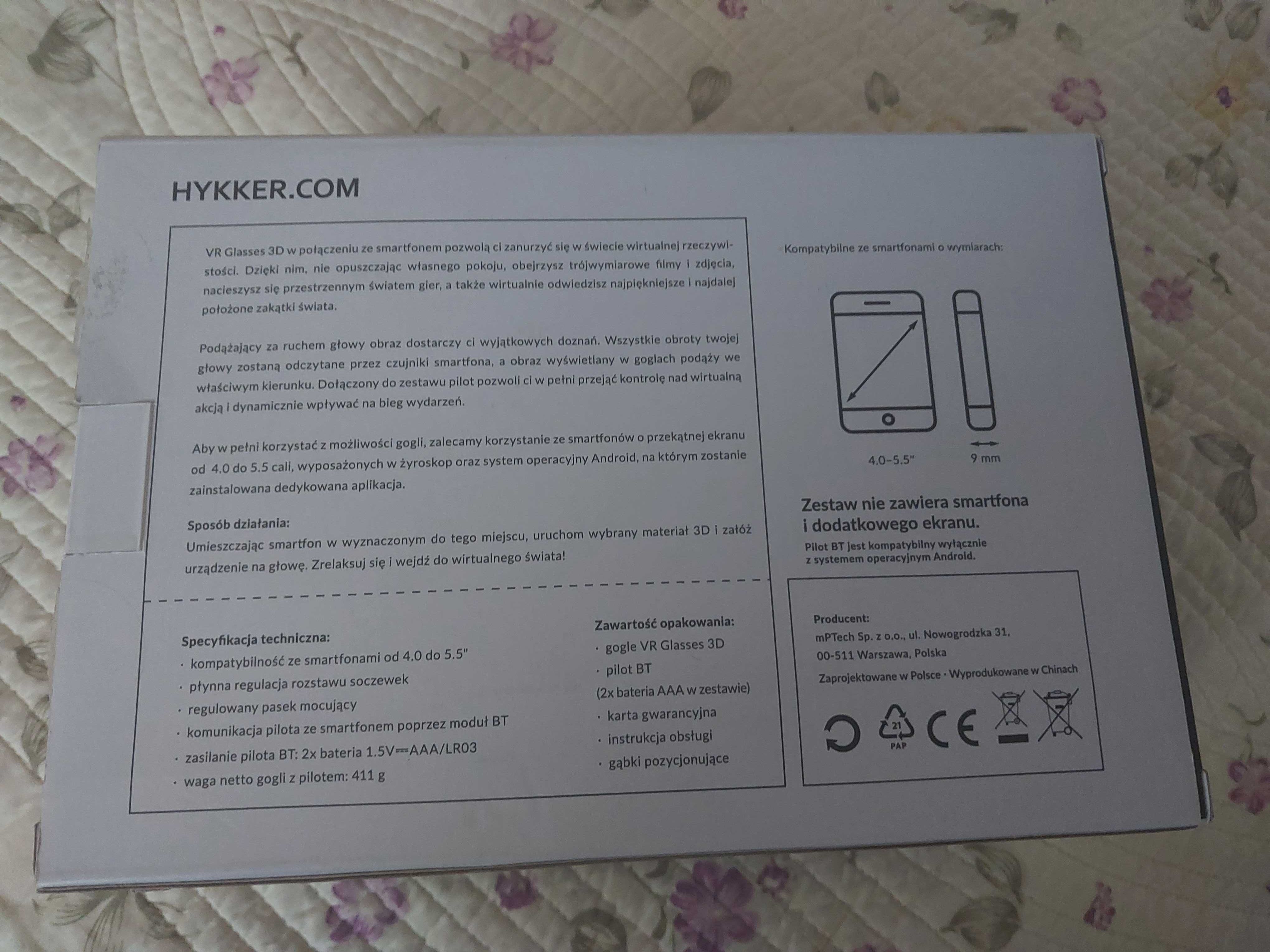 Okulary/gogle 3D Glasses VR dla smartfonów 4,0-5,5" + pilot + BT