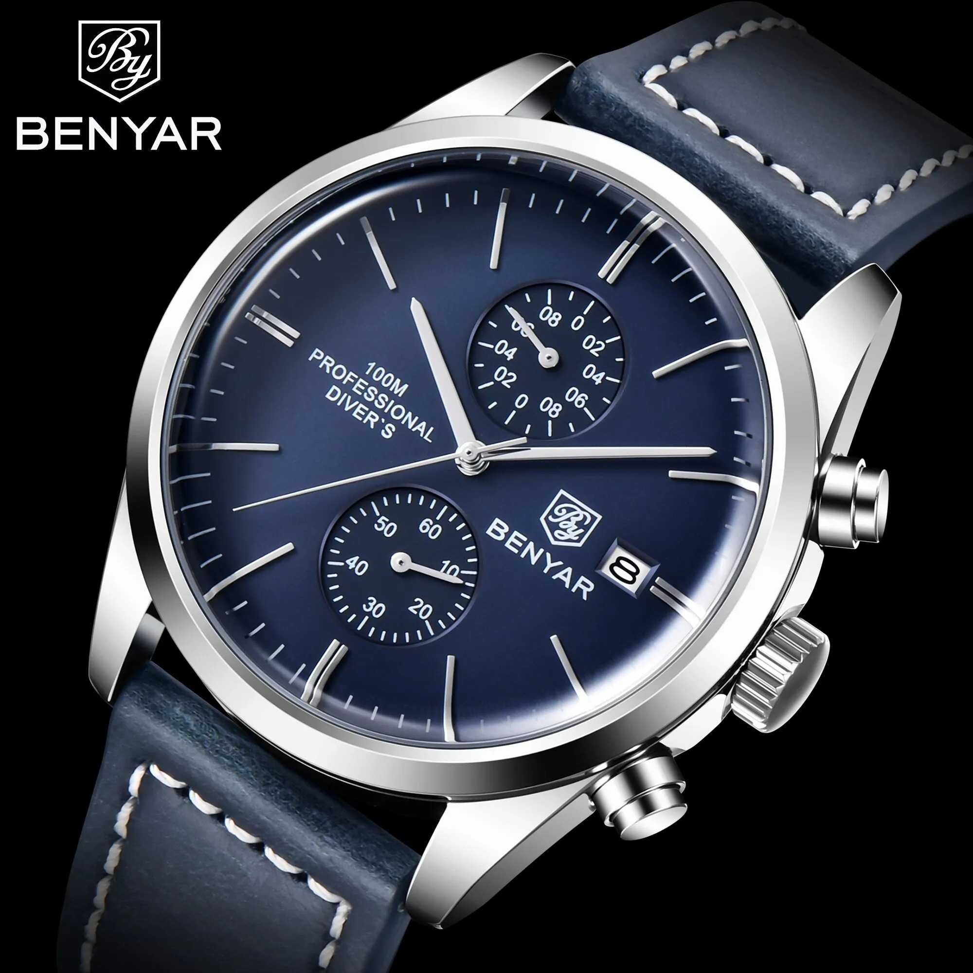 Zegarek męski Benyar niebieska tarcza chronograf wodoszczelny 100m