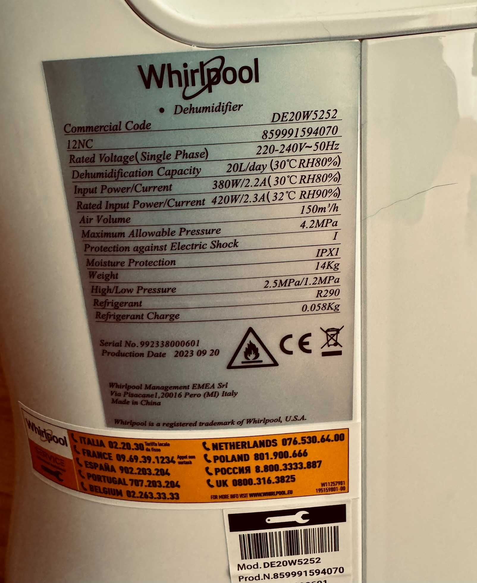Desumidificador WHIRLPOOL DE20W5252 (6.5 L - 20 L/dia)