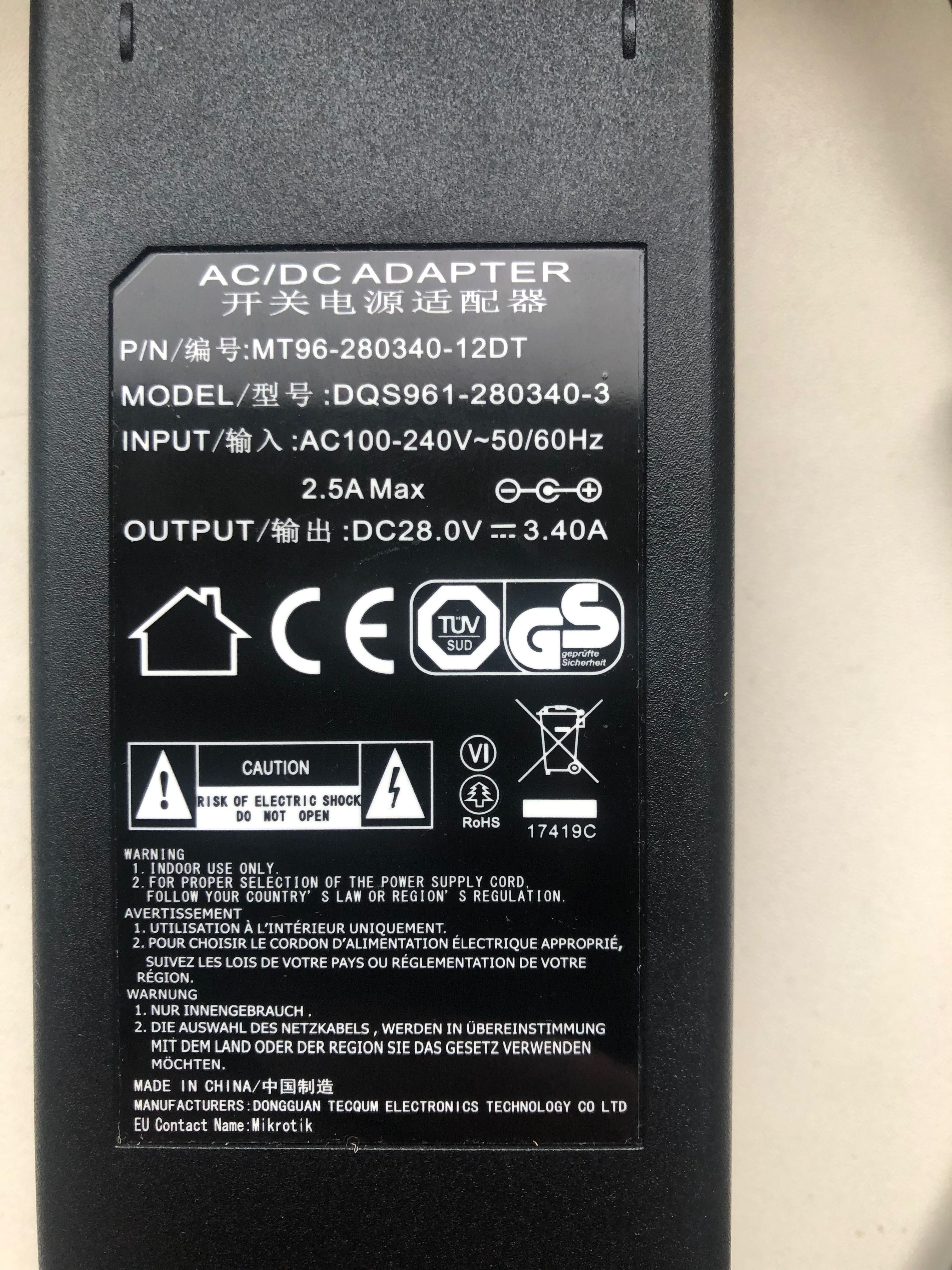 Блок питания 28V, 3,4 Ампера MikroTik Power Adapter DQS961-280340-3