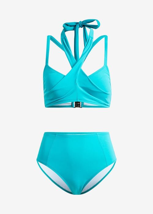 B.P.C bikini bustier wiązane turkusowe z figami 36.