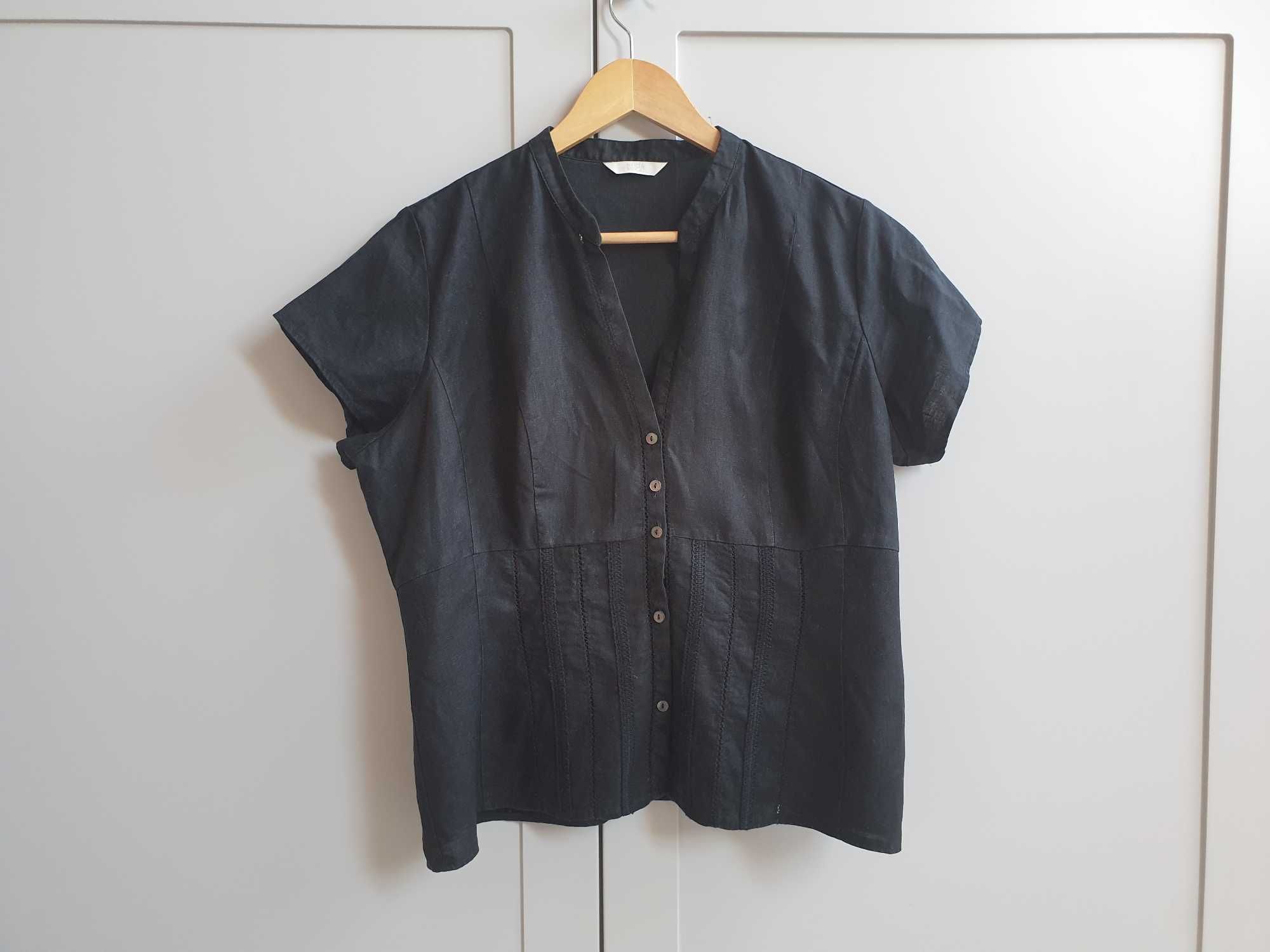 Czarna lniana bluzka koszula z krótkim rękawem haftowana M&S 46