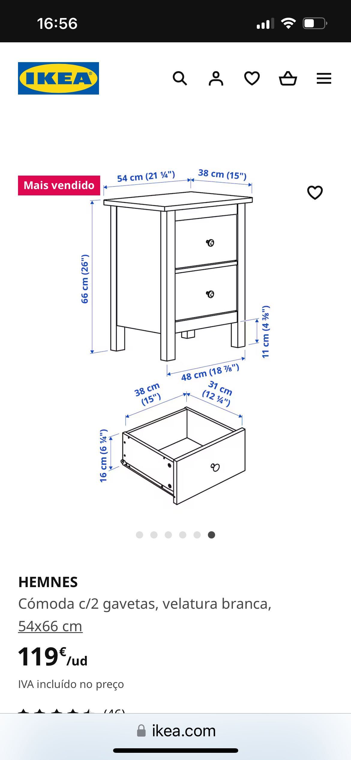 Cómoda c/2 gavetas, velatura branca, HEMNES - Ikea