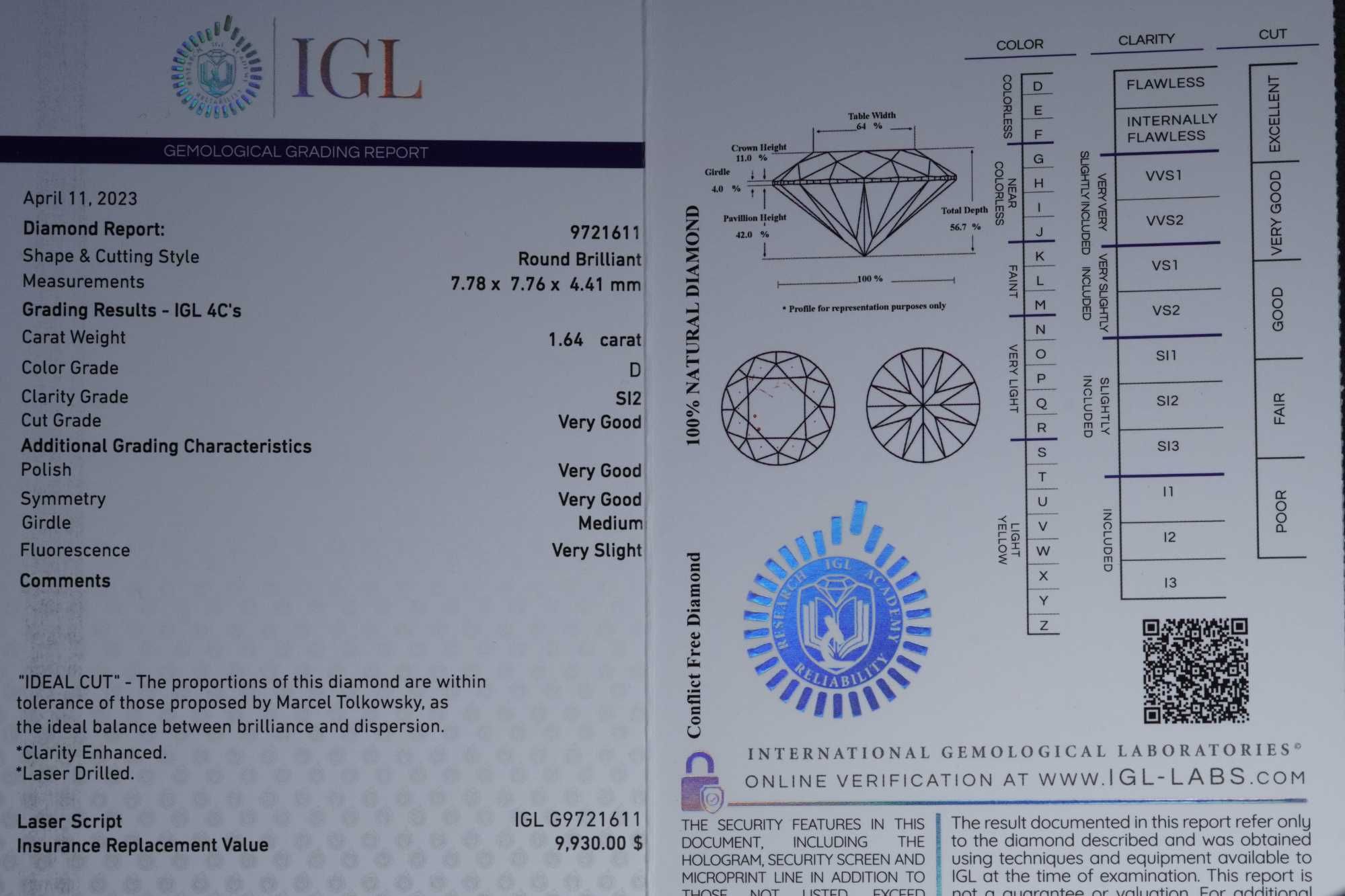 Pierścionek duży diament naturalny brylant 1,64 CT D Si2 Białe 585