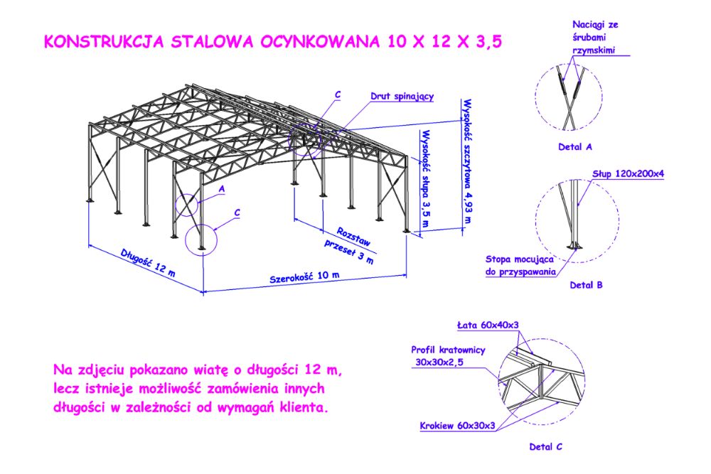 Konstrukcja ocynkowana 10m x12 m wiata garaż hala magazyn