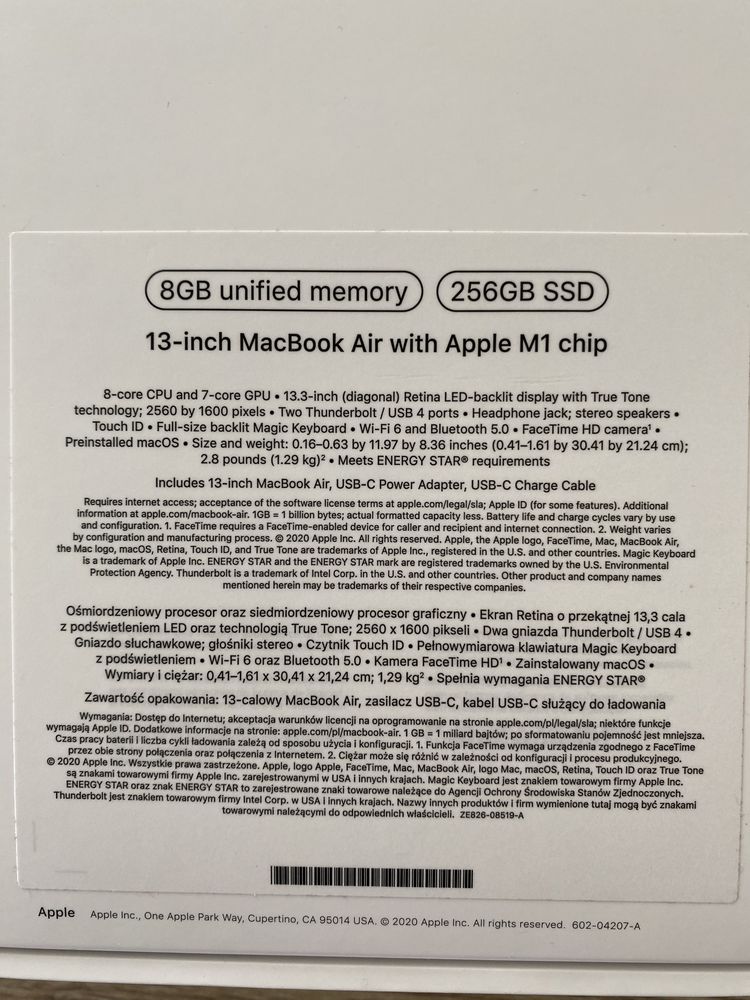 Mac book Air 13 (M1) 8GB + 256SSD - jak NOWY!