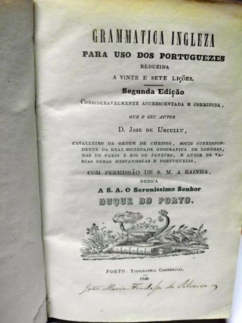 antigo livro: Gramatica Ingleza D Joze de Urcullo-1848-2. Edição