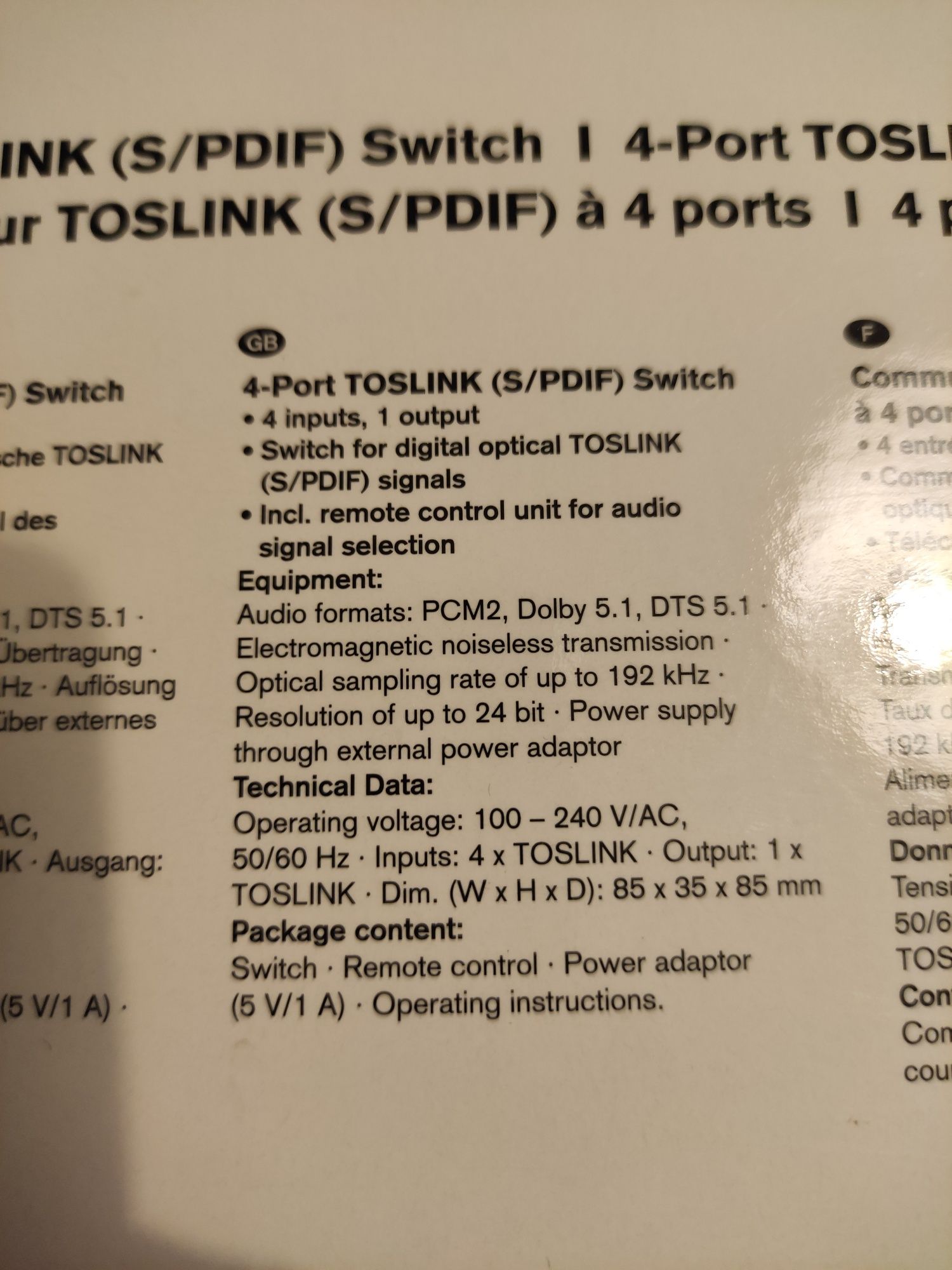 Speaka rozdzielacz audio 4 x toslink z pilotem