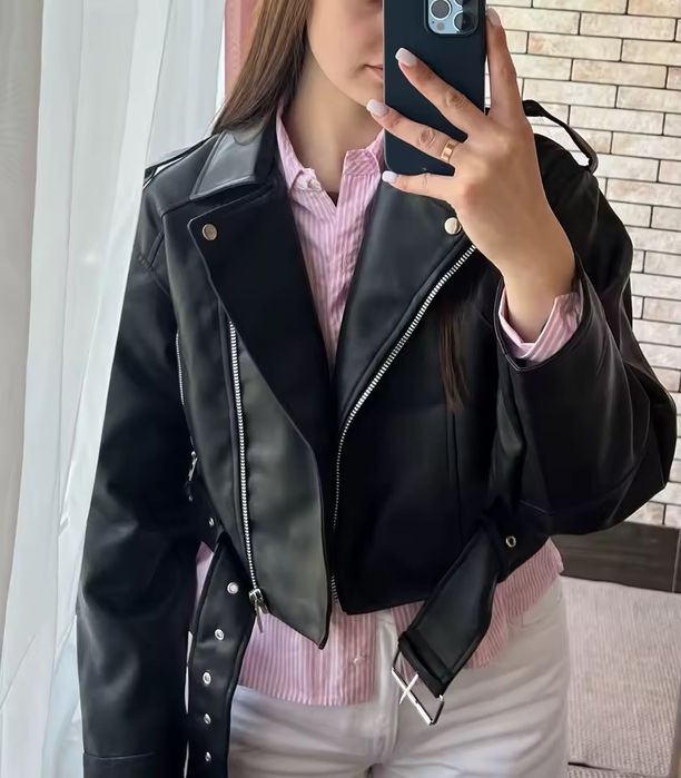 Косуха Zara черная куртка кожаная косуха короткая оверсайз