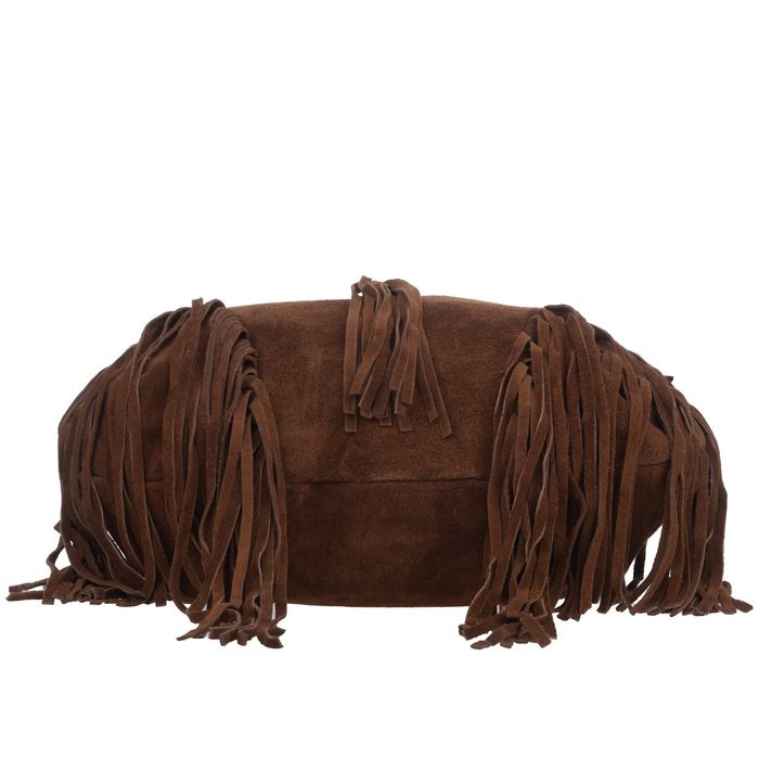 VERA PELLE torebka zamszowa worek z frędzlami i paskiem V571 taupe