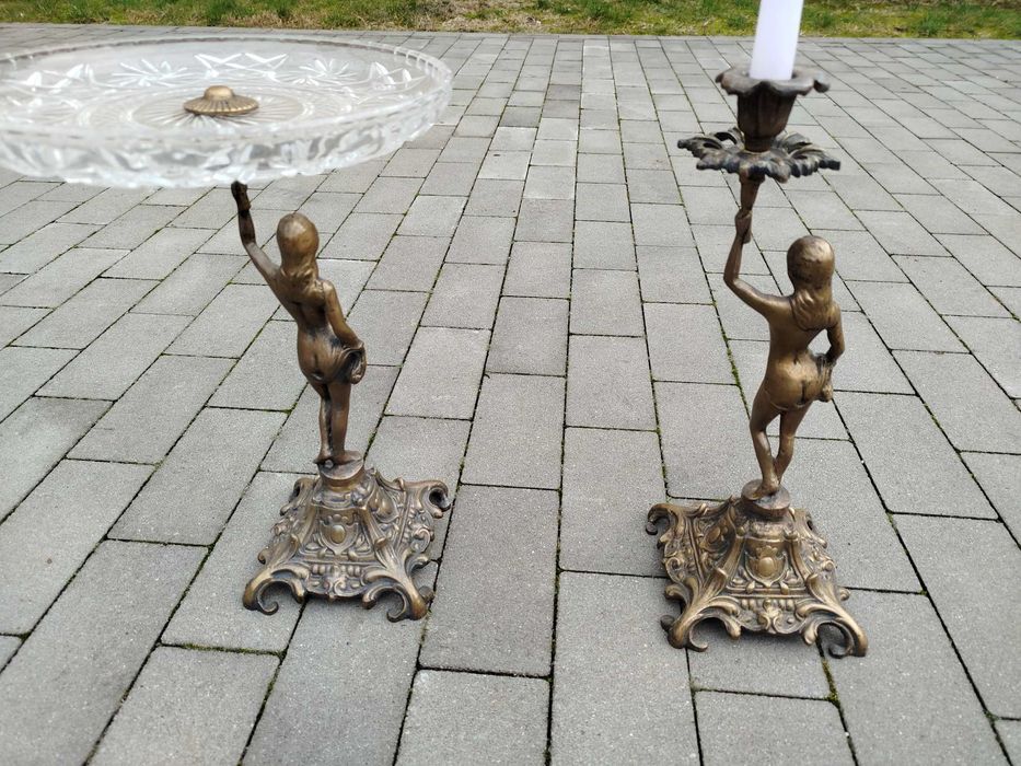 Figurki mosiądz świecznik patera kryształ