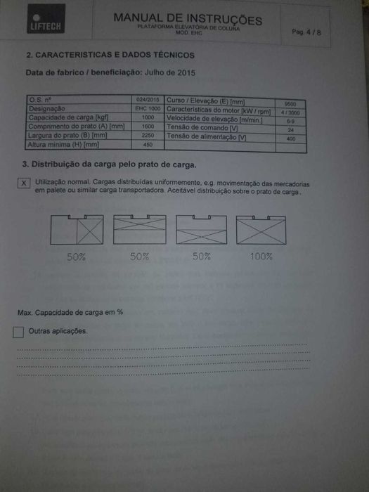 Plataforma elevatória de coluna hidráulica para cargas (1000 kgf)