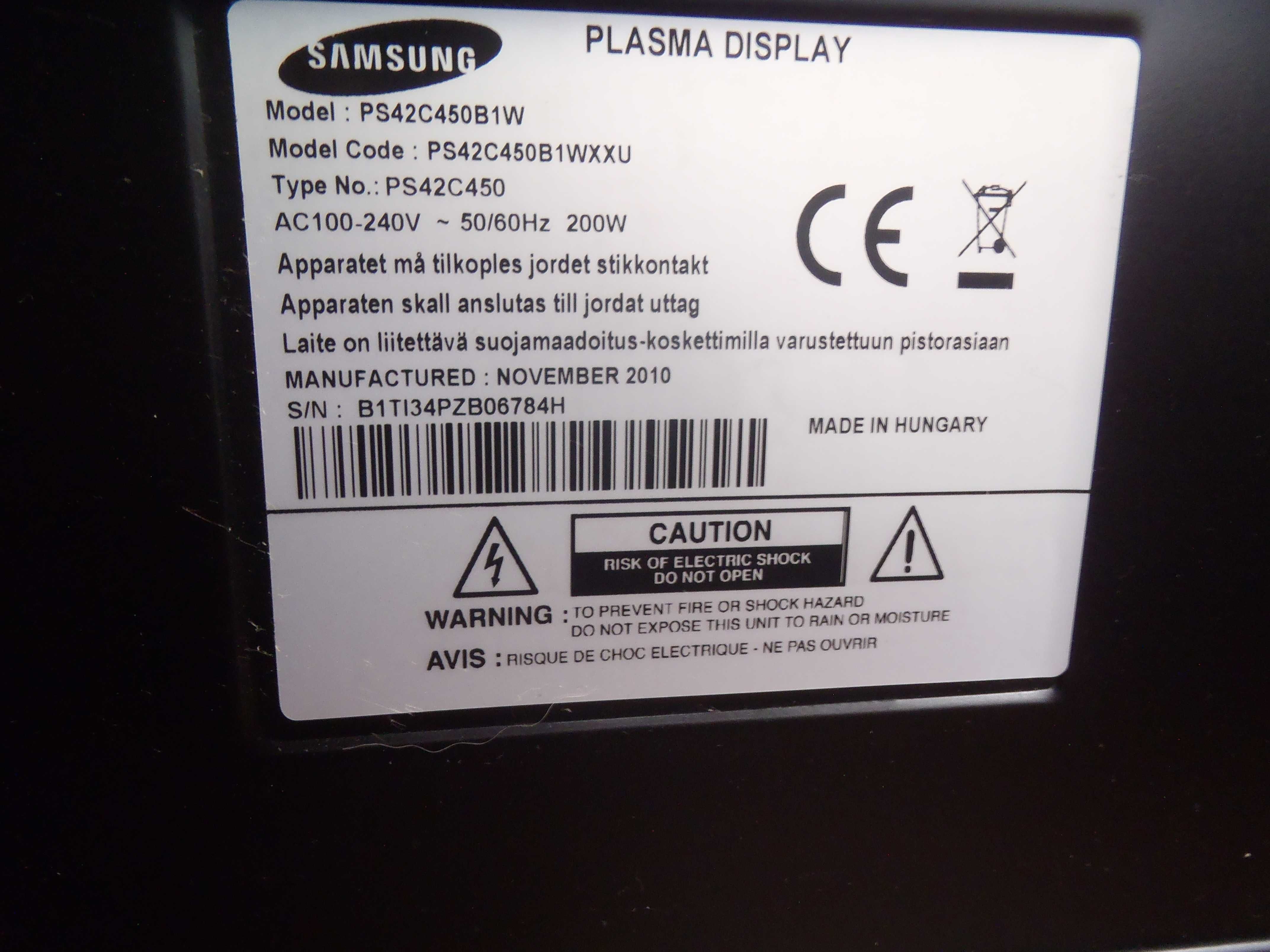 TV Samsung PS42C450B1 - Plazma 42" uszkodzony do naprawy lub na części