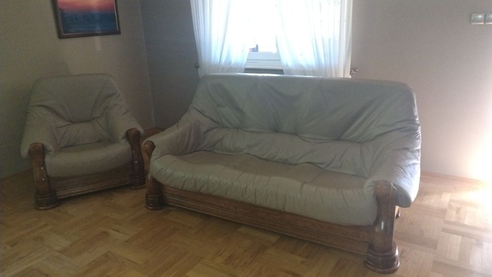 Zestaw wypoczynkowy skórzany mocca drewno nowa tapicerka