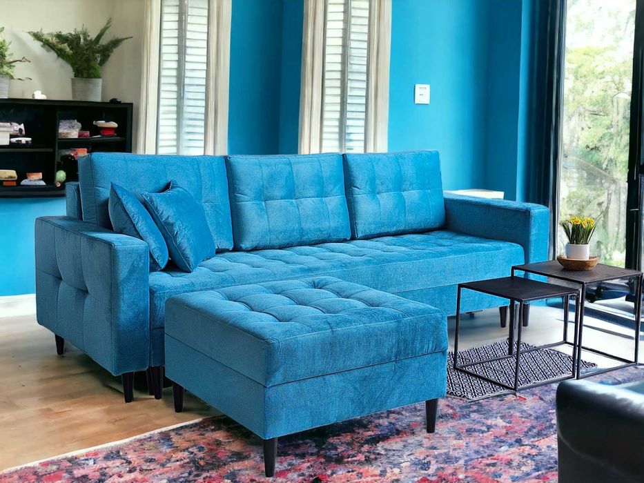 Rozkładana sofa z pojemnikiem. Kanapa PORTO. Sprężyny. Drewniane nogi