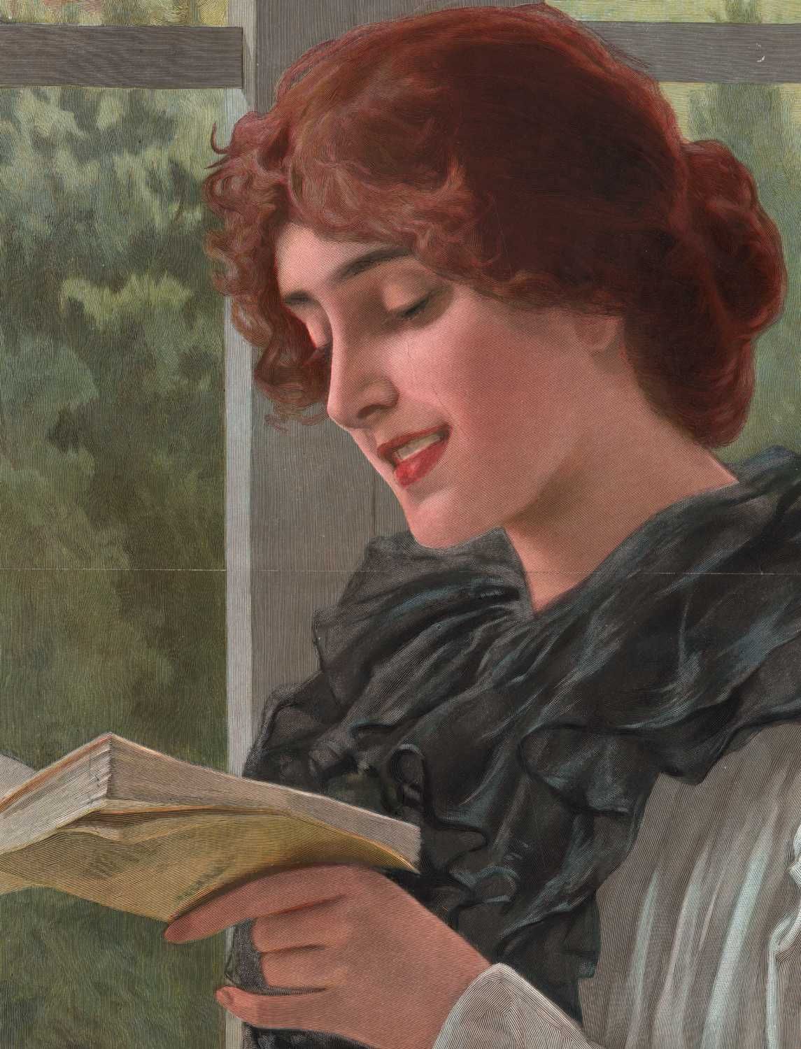 Dziewczyna z książką. Duży efektowny drzeworyt 1898 r. autentyk