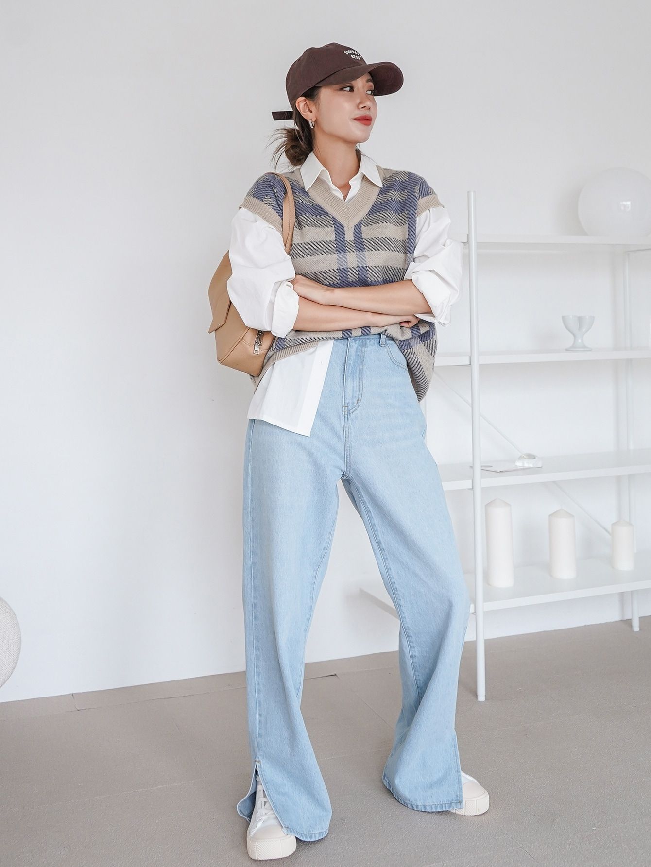 Sweterek Kamizelka Oversize Luźna W Kratkę Z Dekoltem V Casual Dazy M