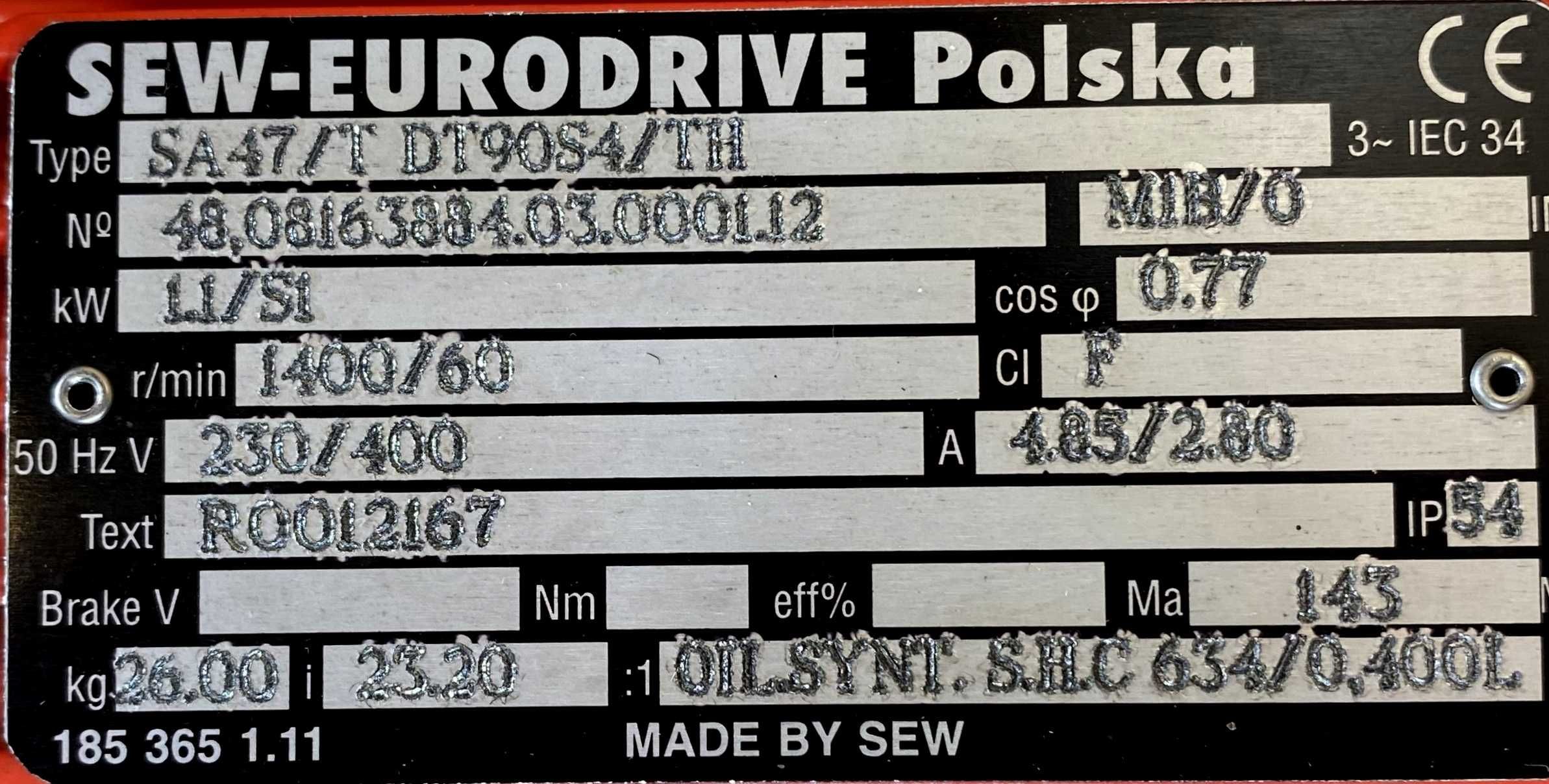 motoreduktor / przekładnia 1,1kW 60obr. 3fazowy SEW (cz)