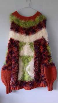 Kolorowy sweter fluffy futrzany ręcznie robiony na drutach handmade