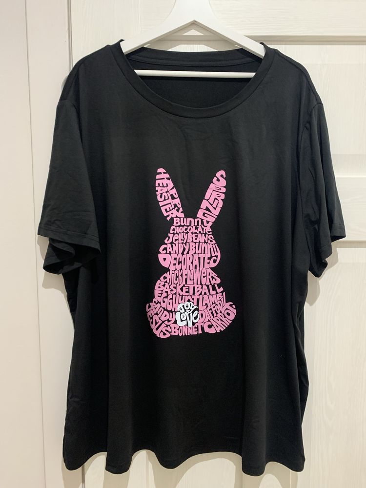 Modna czarna bluzka t-shirt śmieszny nadruk królik rozmiar 54 nowa