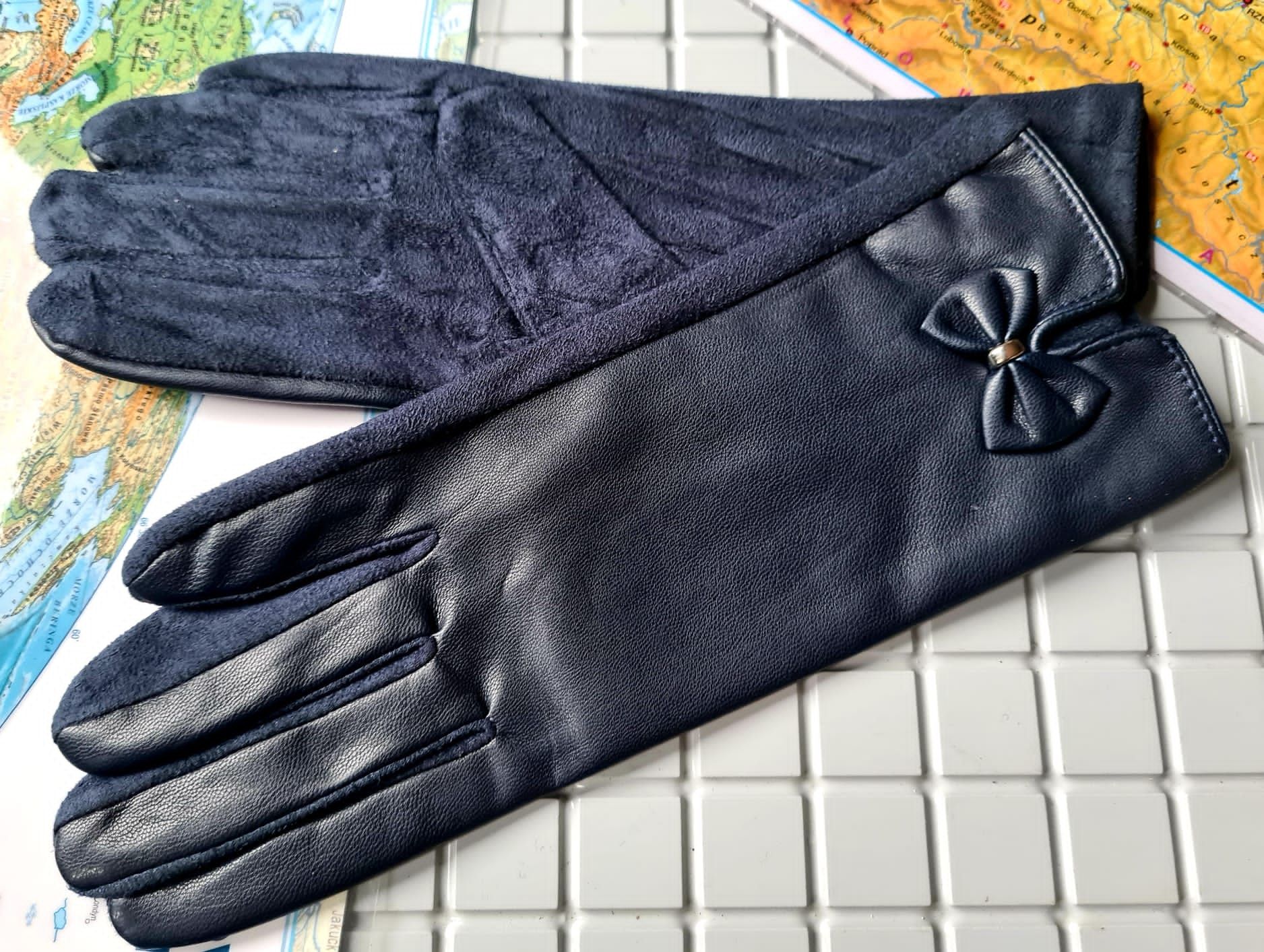 Granatowe rękawiczki damskie zimowe Kokardka nowe