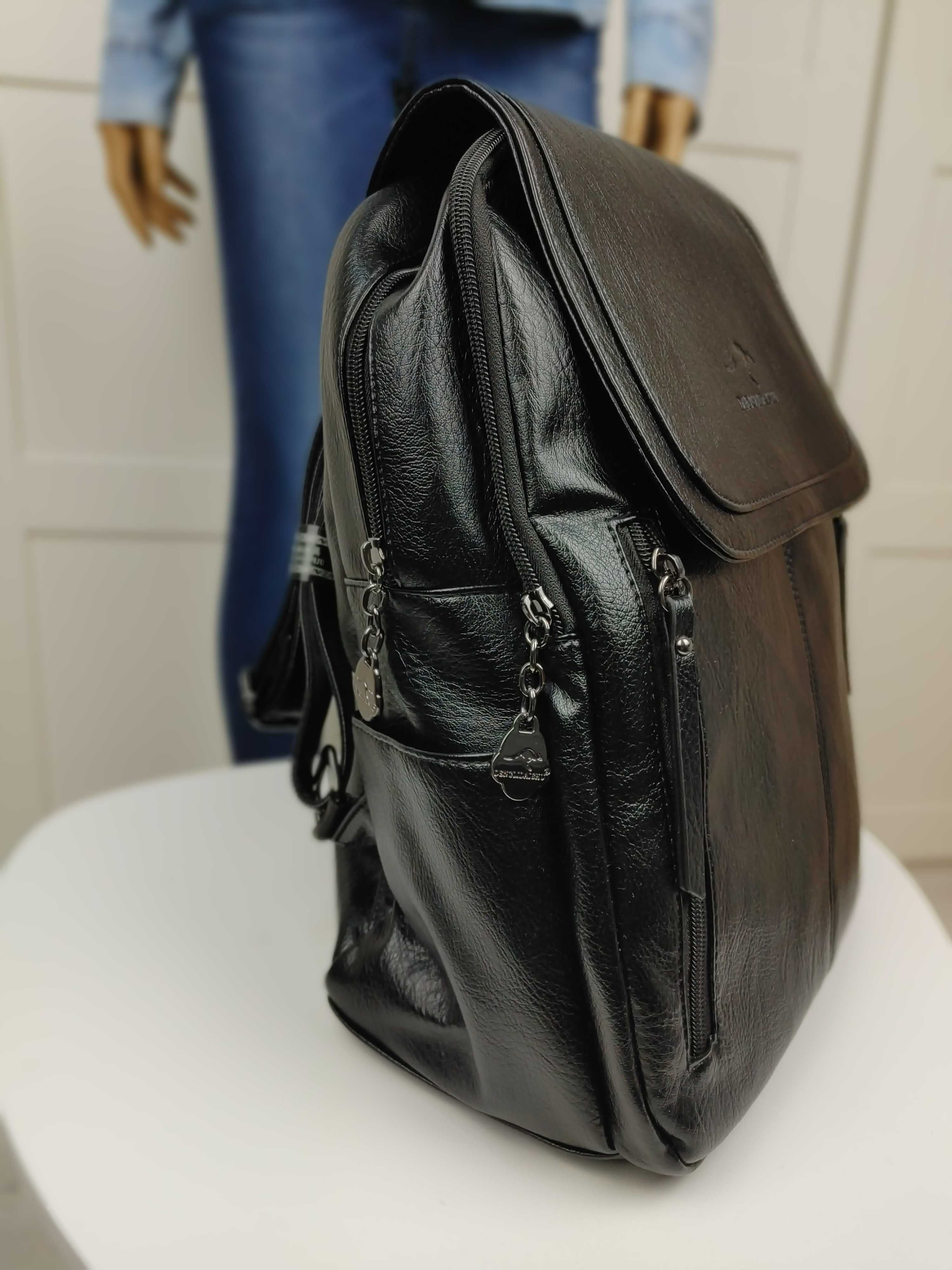 Czarny Skórzany Plecak XXL Vintage Torba Stylowa Elegancka na Wiosnę