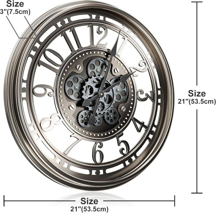 Duży zegar ścienny TOKTEKK 53 cm z ruchomym mechanizmem kół