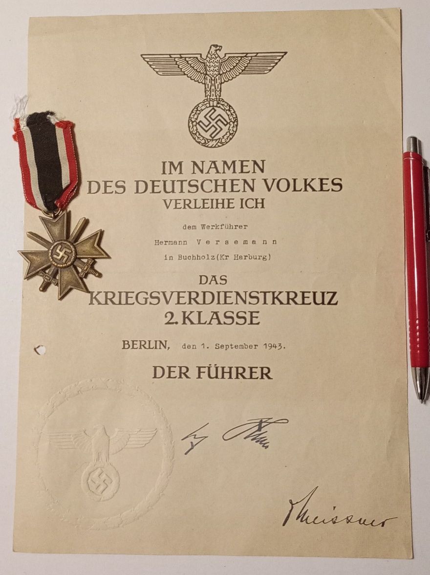 Militaria de Trincheira Werhmatch Cruz de Mérito Espadas Certificado
