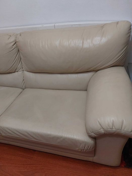Conjunto de 2 Sofás em Pele Genuína Bege – 3 e 2 Lugares