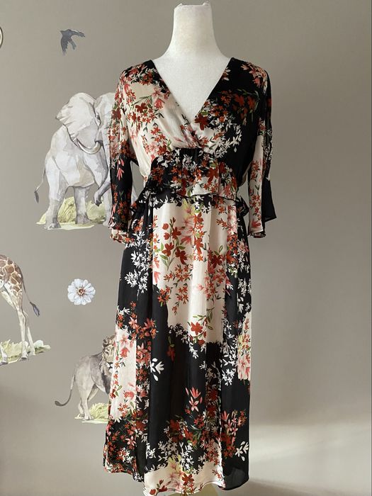 Elegancka kwiatowa sukienka midi Zara M 38 kopertowy dekolt